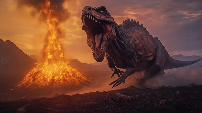 A Dinosaur Running Away from an Erupting Volcano