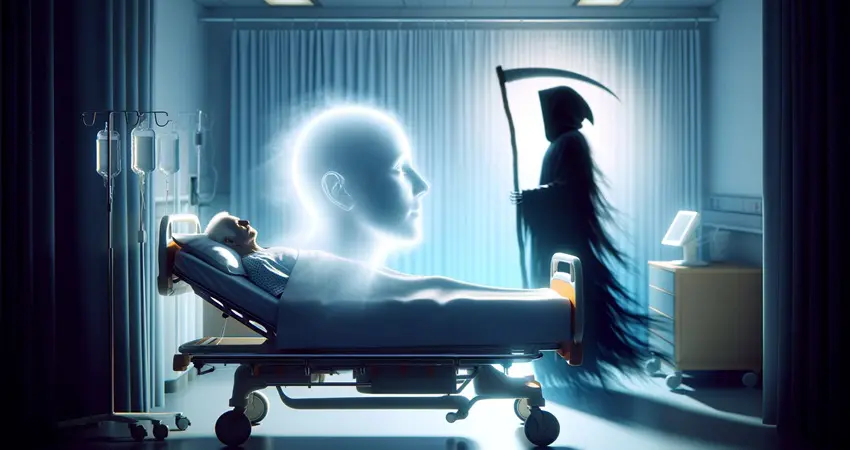A patient during near-death experience while the Grim Reaper lurks in wait