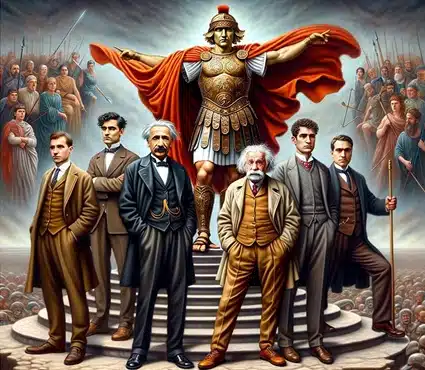 Alexander the Great on the shoulders of Albert Einstein, Niels Bohr, Werner Heisenberg and Paul Dirac