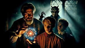 Faust Educates his Young Apprentices about Antimatter as Mephistopheles Inspects in the Shadows