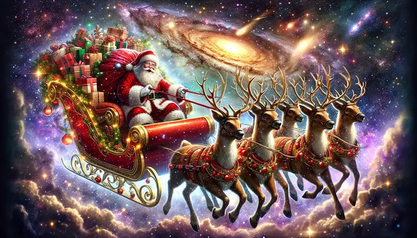 Santa Claus travels in space happily on his sleigh led by reindeer