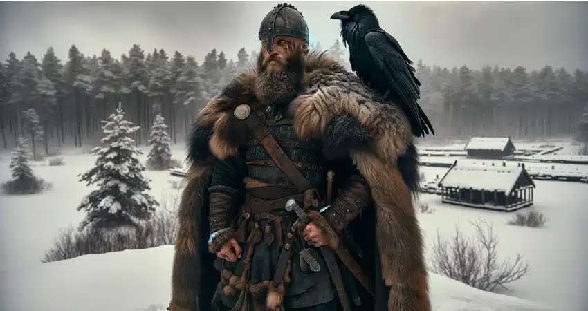 The Viking Hero Ragnar Lodbrok Enjoying the Freezing Cold with his Raven Huginn