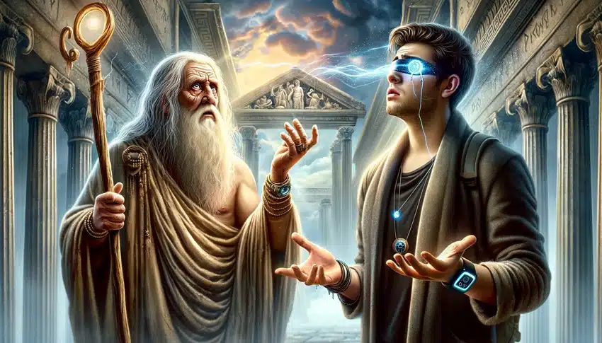 The blind prophet Tiresias examines saline-powered smart contact lenses on his pupil