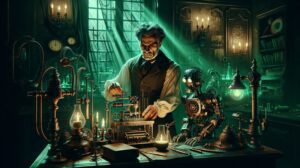 Dr. Victor Frankenstein Researching Biohacking with his Robotic Assistant IgorBot