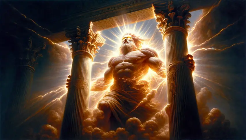 Samson grasping the two pillars of the temple of Dagon as a supernova