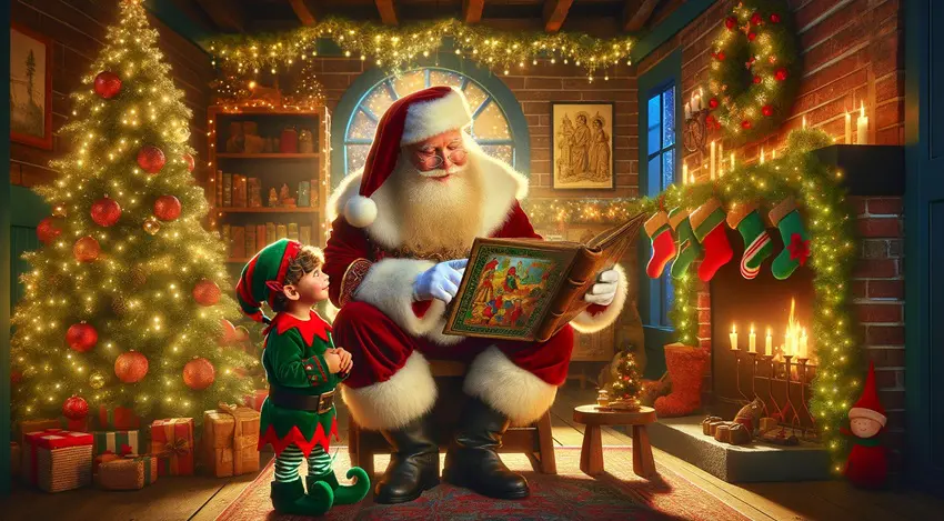 Santa Claus explaining to his new little elf the history and evolution of Christmas