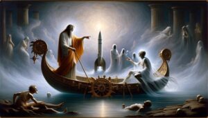 Charon, the ferryman of the underworld, explaining reusable rockets to a recently deceased soul upon his ferry