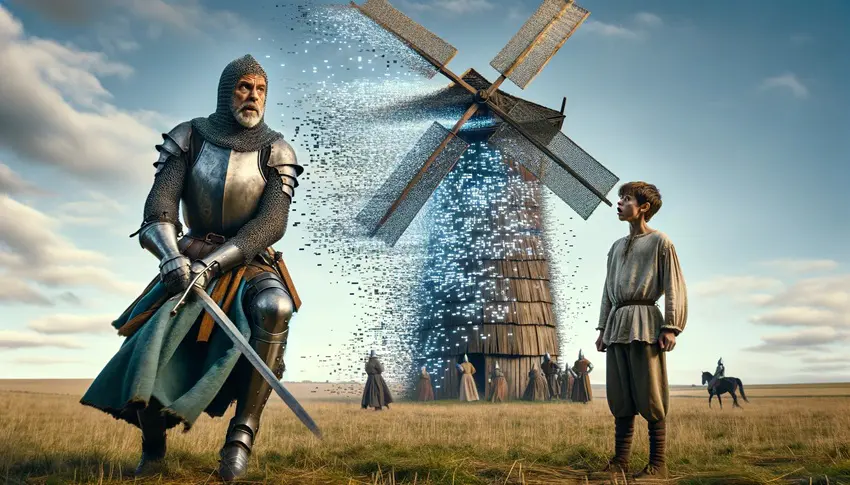 Don Quixote Fighting a Simulated Windmill