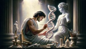 Pygmalion sculpting the double helix structure of DNA next to his statue-lover Galatea