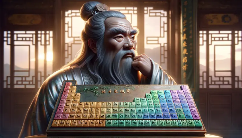 The Chinese philosopher Confucius admiring the periodic table of elements