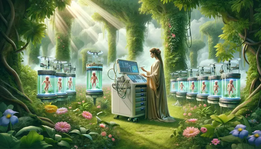 Eve engaging in the scientific creation of Adam's clones in the Garden of Eden