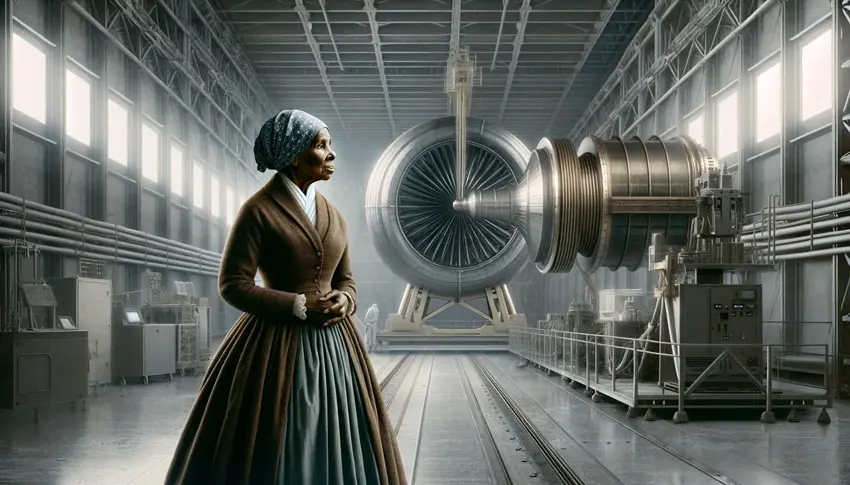Harriet Tubman admiring the Laser Interferometer Gravitational-Wave Observatory (LIGO)