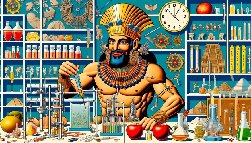 A Dada-style portrayal of Gilgamesh engaging in stem cell research