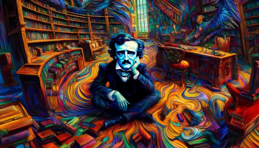 A Post-Impressionist portrayal of Edgar Allan Poe grappling with the emotional turmoil of addiction