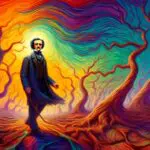 Edgar Allan Poe wandering through a surreal landscape of addiction, Expressionist style