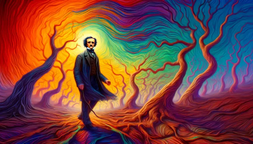 Edgar Allan Poe wandering through a surreal landscape of addiction, Expressionist style