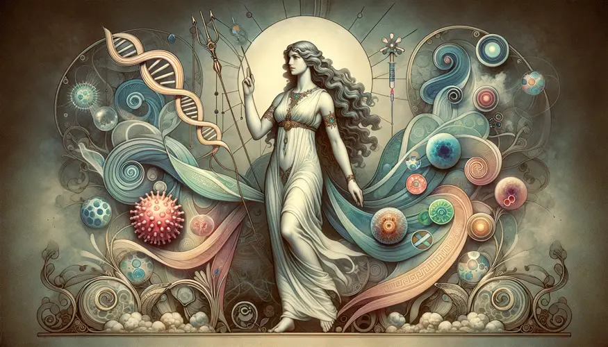 The Goddess of Hunting Artemis Explaining CAR T-cell Therapy, Art Nouveau Style