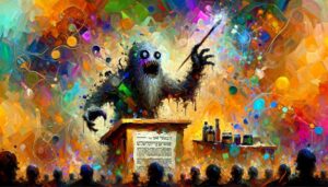 The Golem delivering a lecture on synthetic biology In the style of Abstract Expressionism