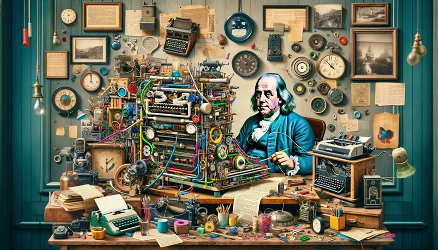 A Dada-inspired collage of Benjamin Franklin with a machine learning device