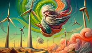 A Surrealist illustration of Aeolus in a fantastical landscape with dream like wind turbines