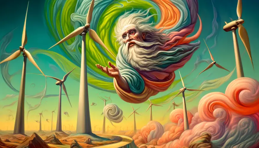 A Surrealist illustration of Aeolus in a fantastical landscape with dream-like wind turbines