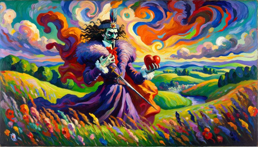 A heart in the grip of Vlad the Impaler in a Fauvist style
