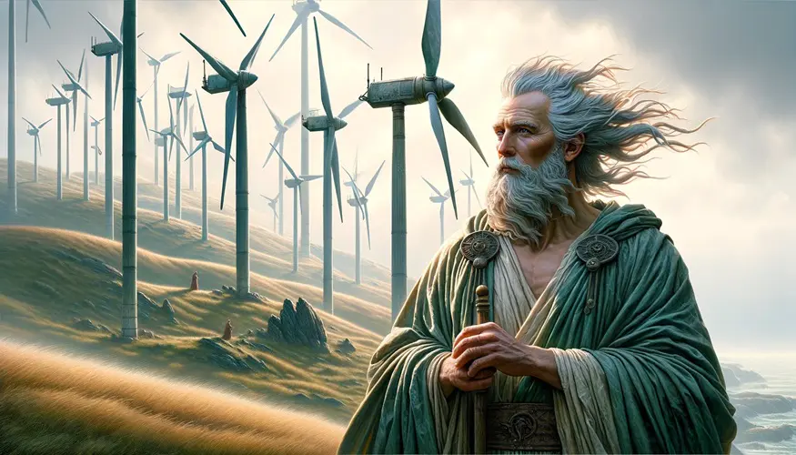 A photorealistic image of Aeolus standing on a grassy hill with wind turbines in the background