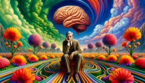 A Surreal portrayal of Carl Jung in a dream-like garden contemplating neuroplasticity