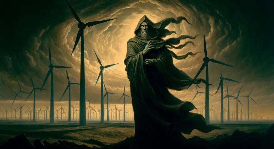 Aeolus in a dark and dramatic landscape filled with towering wind turbines, in the style of Gothic art