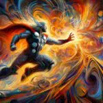 An Abstract Expressionist depiction of Thor with dynamic energy and power of electromagnetism