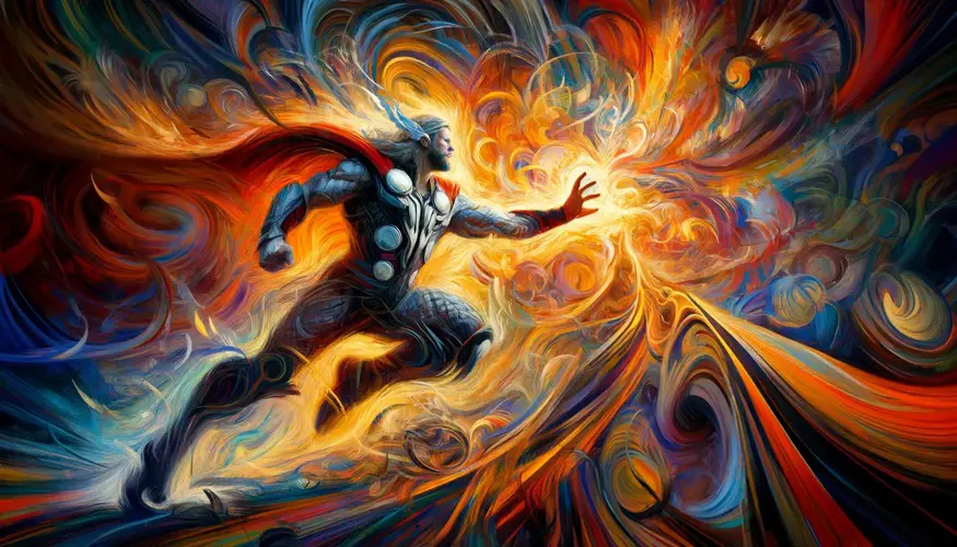 An Abstract Expressionist depiction of Thor with dynamic energy and power of electromagnetism