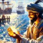 An Impressionist-style image of Sinbad the Sailor looking intently at a piece of graphene in his hands