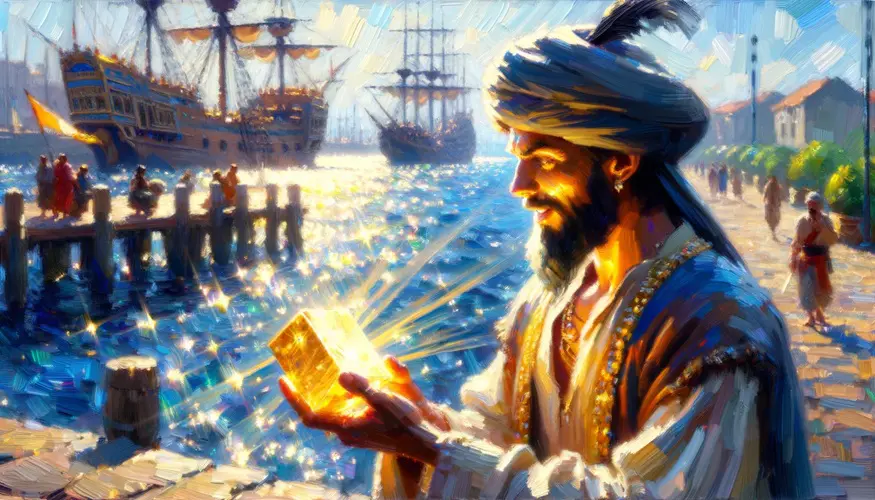 An Impressionist-style image of Sinbad the Sailor looking intently at a piece of graphene in his hands