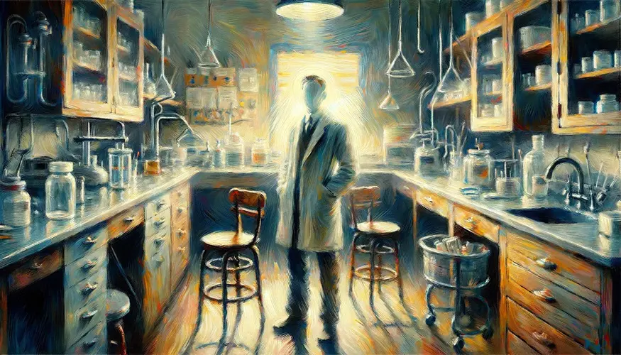 An Impressionist style painting of H.G. Wells' Invisible Man in a CRISPR-Cas9 lab