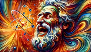 Democritus and the atom, in the style of Expressionism