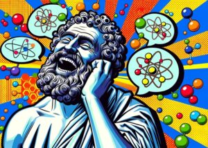 Democritus contemplates quantum mechanics and atomic theory in the style of Pop Art