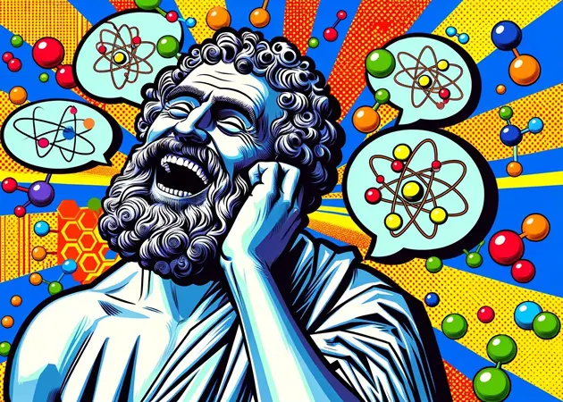 Democritus contemplating quantum mechanics and atomic theory, in the style of Pop Art