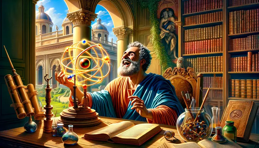Democritus studying the atom in a Renaissance-inspired scene
