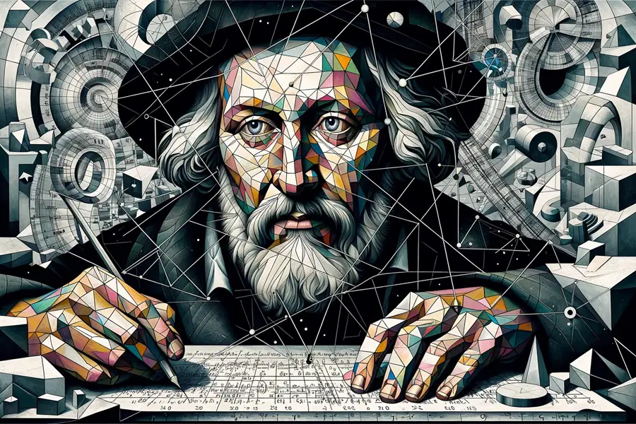 Johannes Gutenberg attempting to solve the black hole information paradox, depicted in a Cubist style