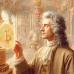 John Locke admiring a Bitcoin blockchain ledger, in Rococo style