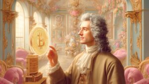 John Locke admiring a Bitcoin blockchain ledger, in Rococo style