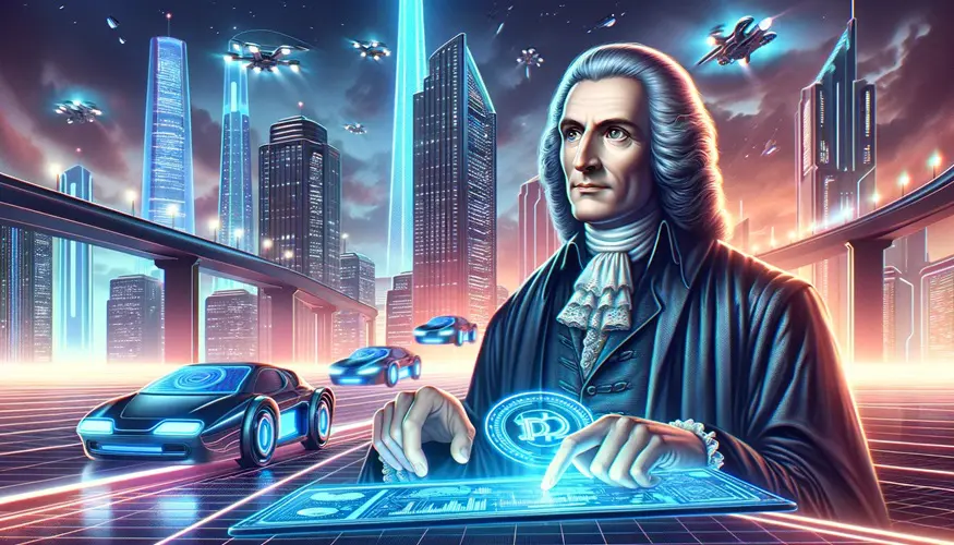 John Locke in a retro-futuristic setting, exploring blockchain technology in a neon-lit cityscape