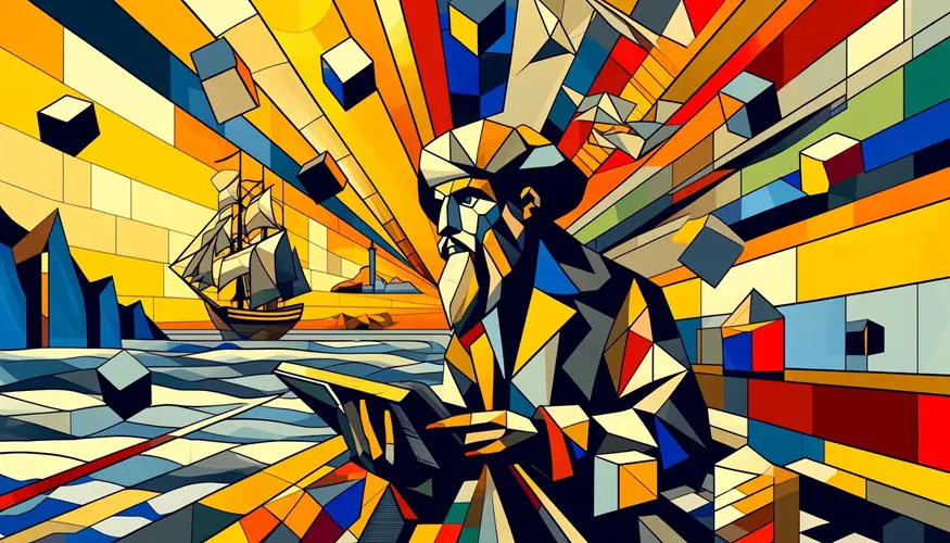 Sinbad the Sailor analyzing a fragmented form of graphene in the style of Cubism