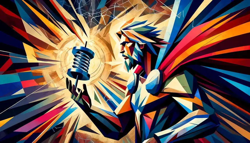 Thor holding a modern electromagnetic coil depicted in a Cubist style