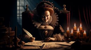 A Baroque-style depiction of Queen Elizabeth I writing a missive on epigenetics and her royal reign