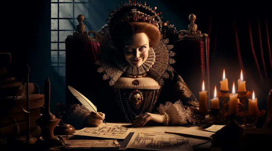 A Baroque-style depiction of Queen Elizabeth I writing a missive on epigenetics and her royal reign