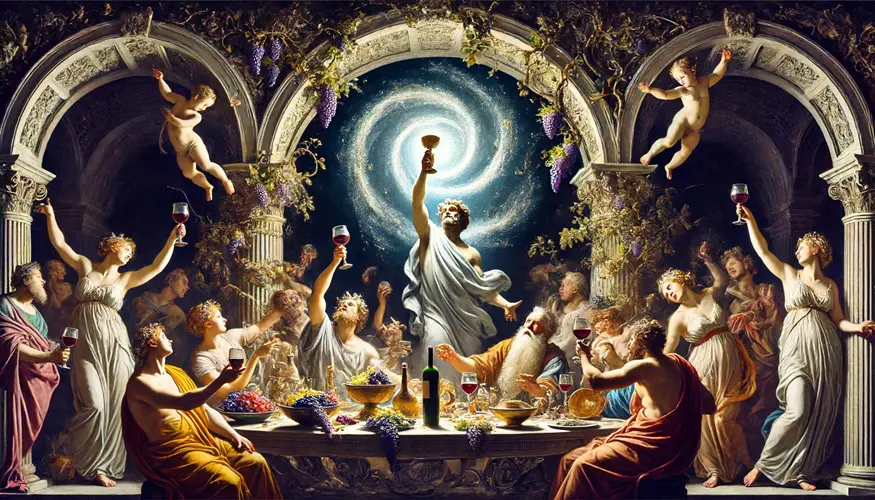 A Baroque-style scene featuring Dionysus at the center of a lavish feast with a glowing energy representing the weak interaction in the background