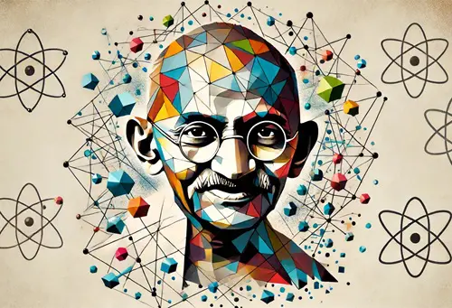 A Cubist interpretation of Mahatma Gandhi, surrounded by geometric shapes representing atomic nuclei