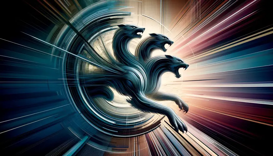 A Futurist representation of Cerberus jumping out of a white hole