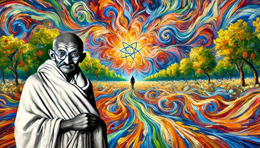 A Post-Impressionist scene featuring Mahatma Gandhi in a vibrant, swirling landscape with dynamic, colorful patterns symbolizing the strong nuclear force